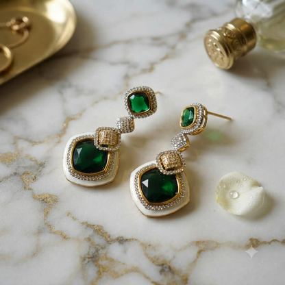 White Enamel Green Earrings