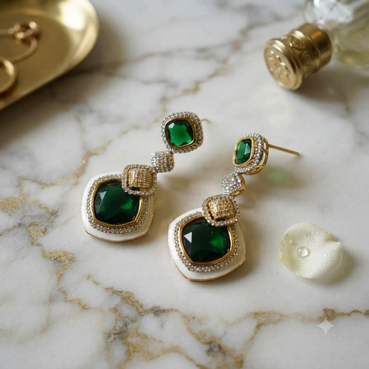 White Enamel Green Earrings