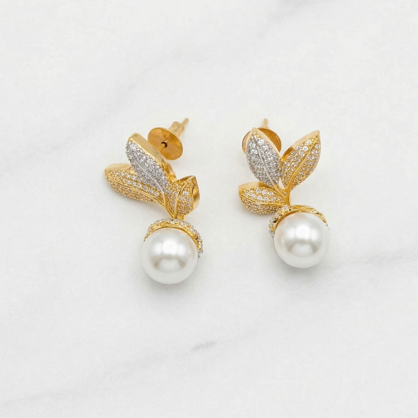 LEAFY GOLD AND SILVER PEARL DROP EARRING