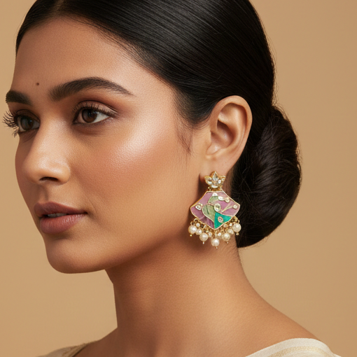 Royal Pink & Green Enamel Floral Pearl Jhumka Earrings