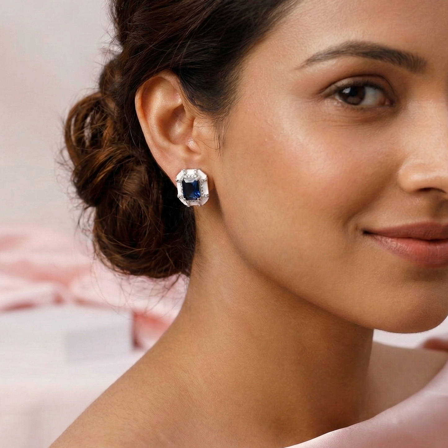 White Enamel Blue Stone Earrings