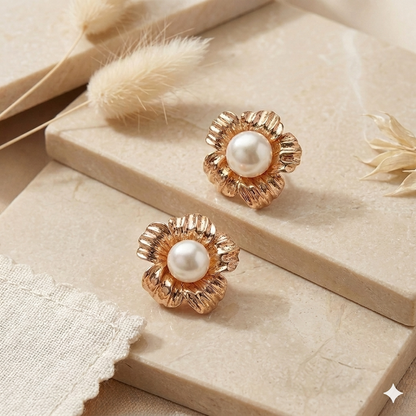 Gold Toned Flower Pearl Earrings