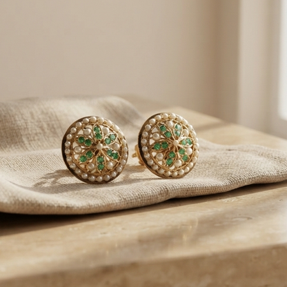 Small Pearls and Vibrant Green Stones Earrings