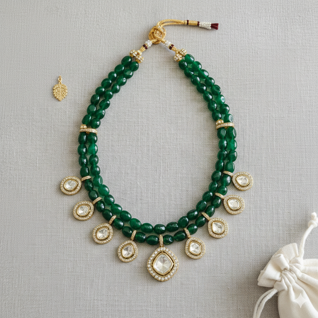Green Beads Polki Necklace