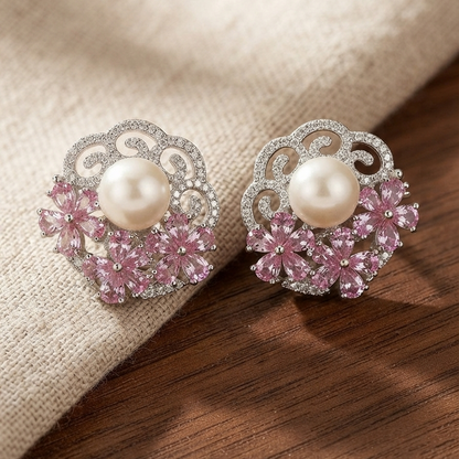 Pink Floral Pearl Stud Earrings