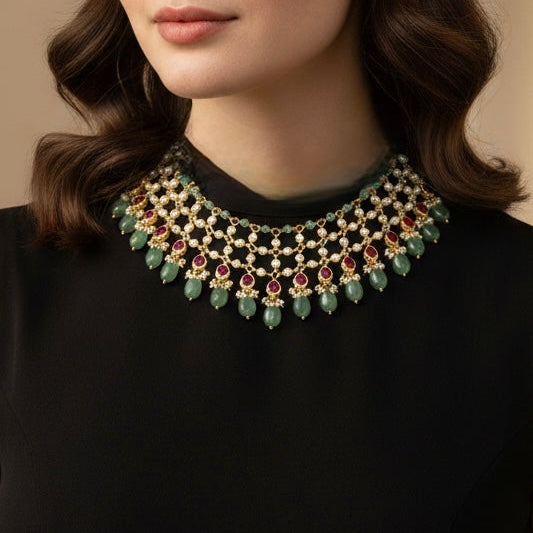 Nitasha Pearl and Green Drop Necklace Set