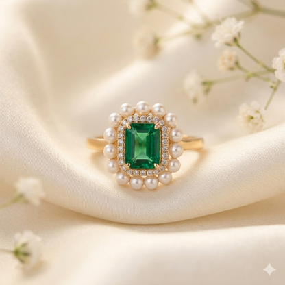 Adjustable Emrald and Pearl Flora Ring