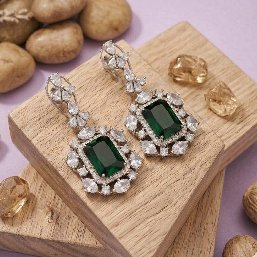 Pritika Emerald Toned American Diamond Earrings
