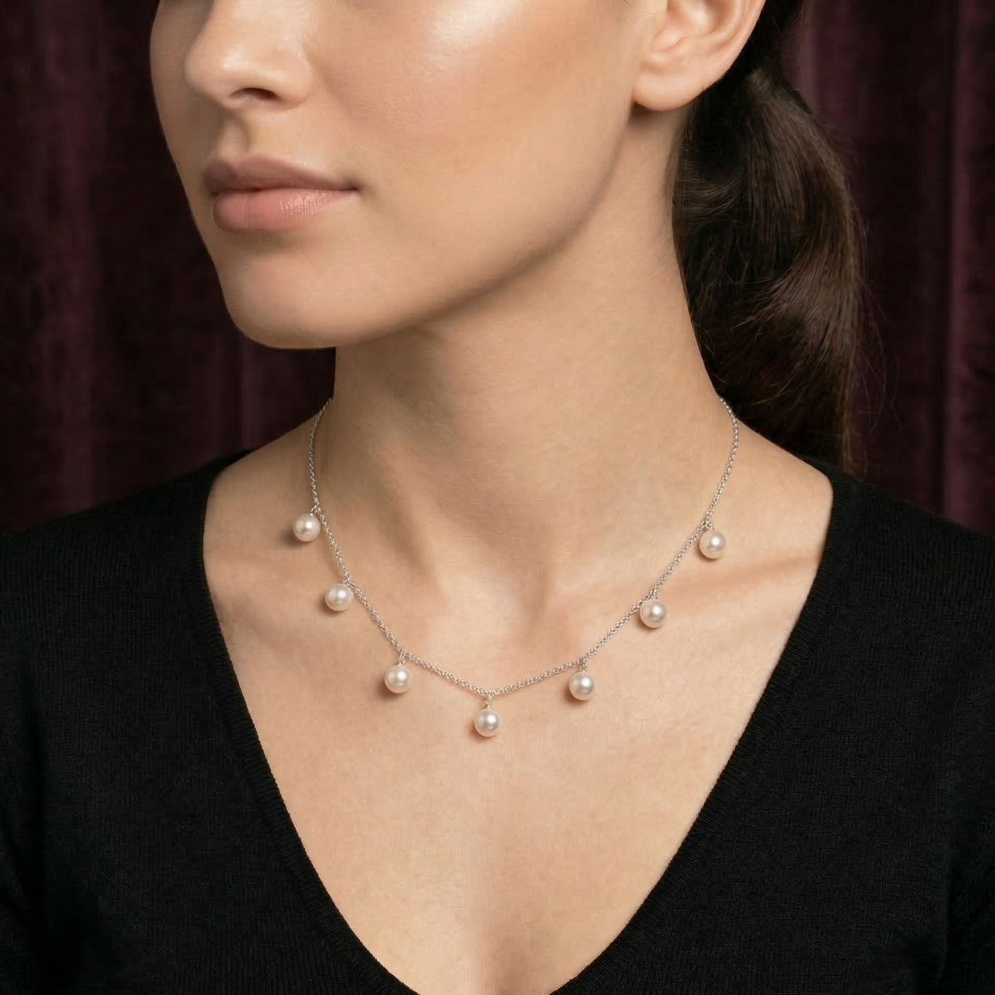 Silver Plated Pearl Droplet Chain Necklace