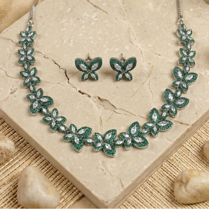 Nishi Green Butterfly Zirconia Necklace Set
