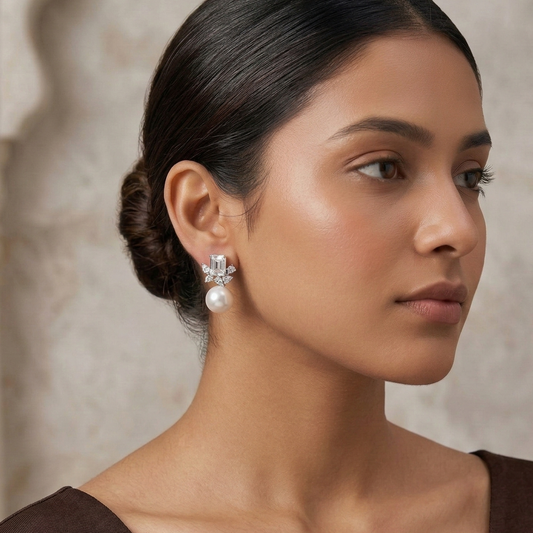 Camelia American Diamond and Pearl Earrings