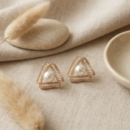 Gold Toned Triangle Pearl Stud Earrings
