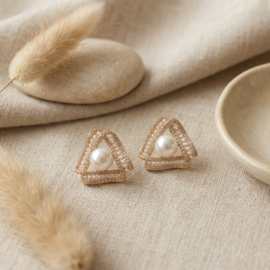 Gold Toned Triangle Pearl Stud Earrings