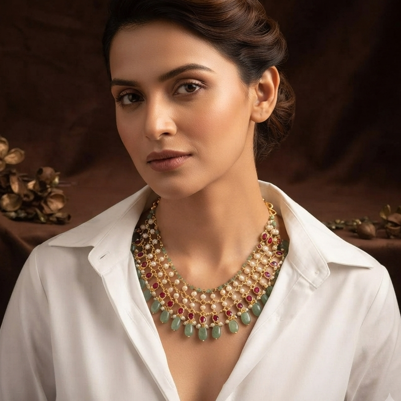 Nitasha Pearl and Green Drop Necklace Set