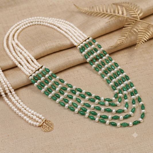 Smidha Layered Pearl and Green beads Necklace