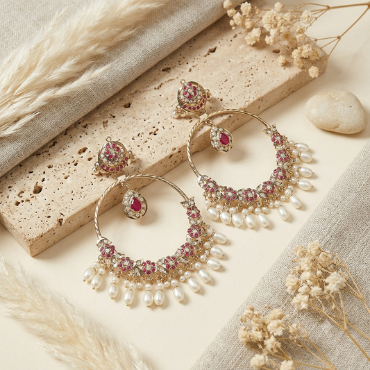 Ruby Toned Jadau Chandbali Earrings