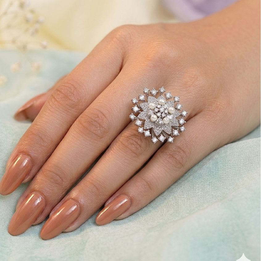 Zirconia and Pearl Cocktail Ring