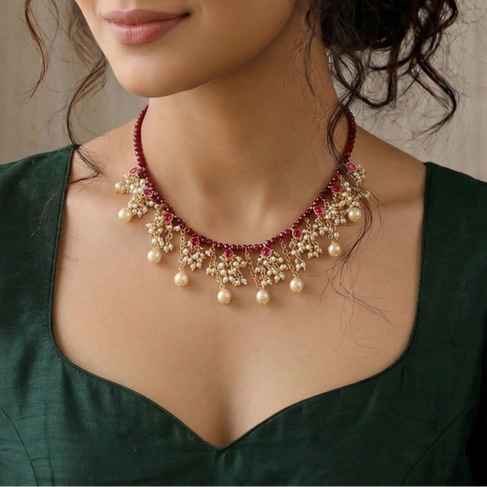 Ruby and Pearl Droplet Necklace