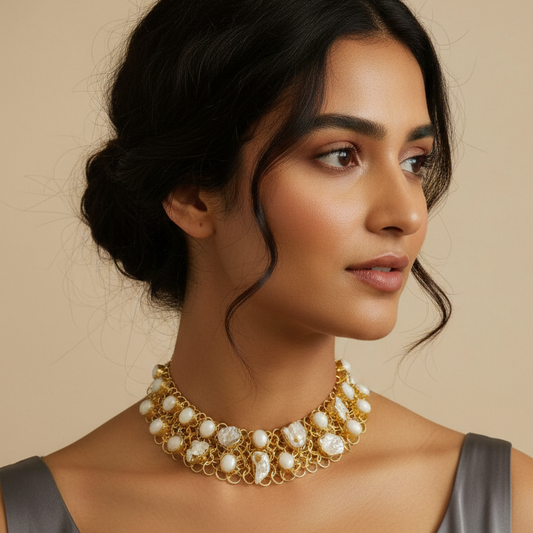 Golden Pearl Mesh Choker