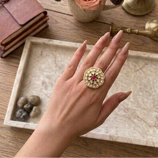 golden ruby stone kundan ring