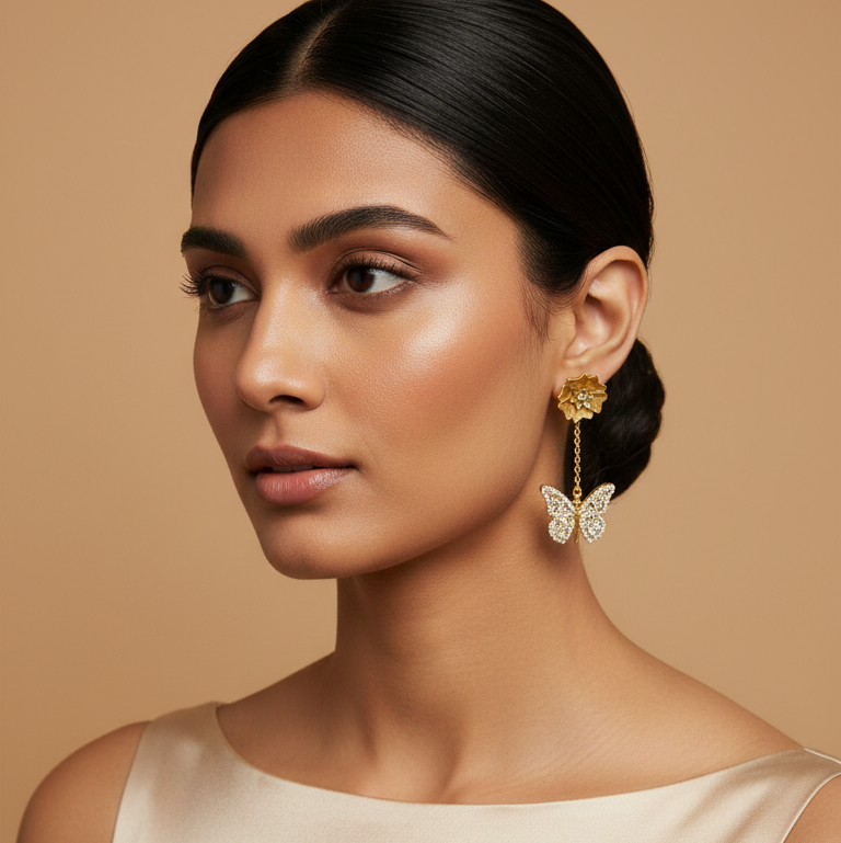 Golden Floral Butterfly Drop Earrings