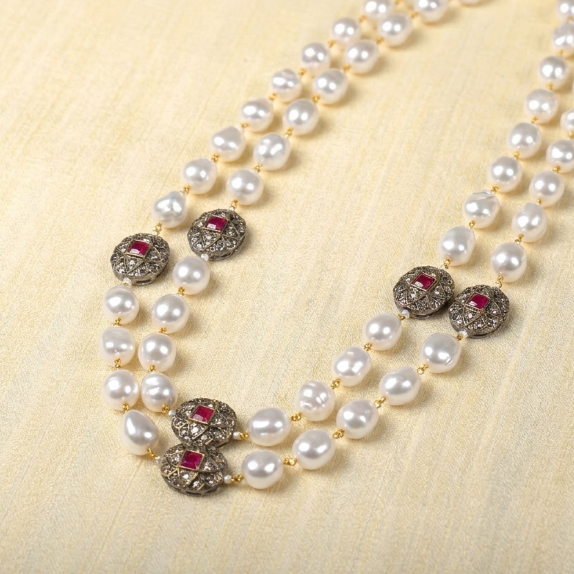 Ishvaa Pearl and Marcasite Balls Necklace Set