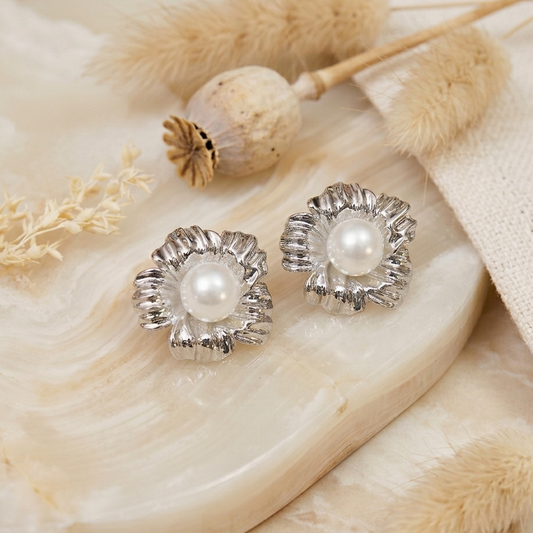 Floret Silver Toned Pearl Earrings