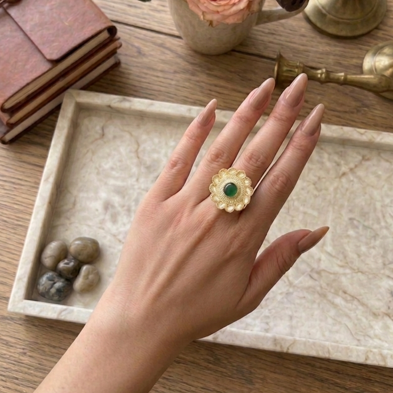 kundan green ring