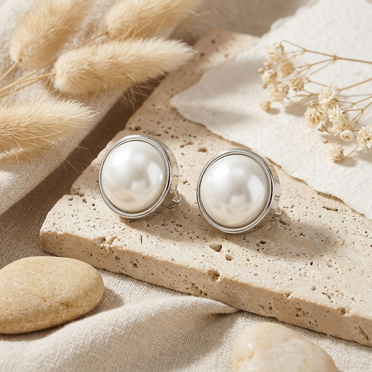 Silver Plated Pearl Statement Pearl Earrings with Back Clip