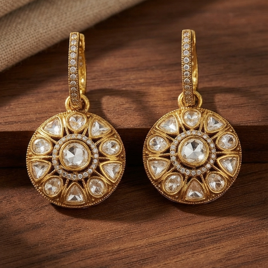 Gold Kundan Round Drop Earrings