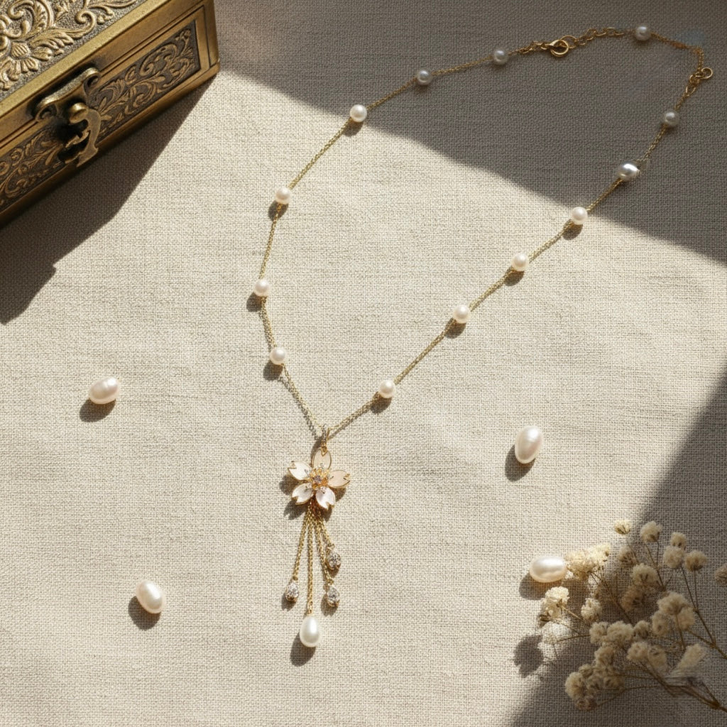Flower Pearl Tassel Necklace