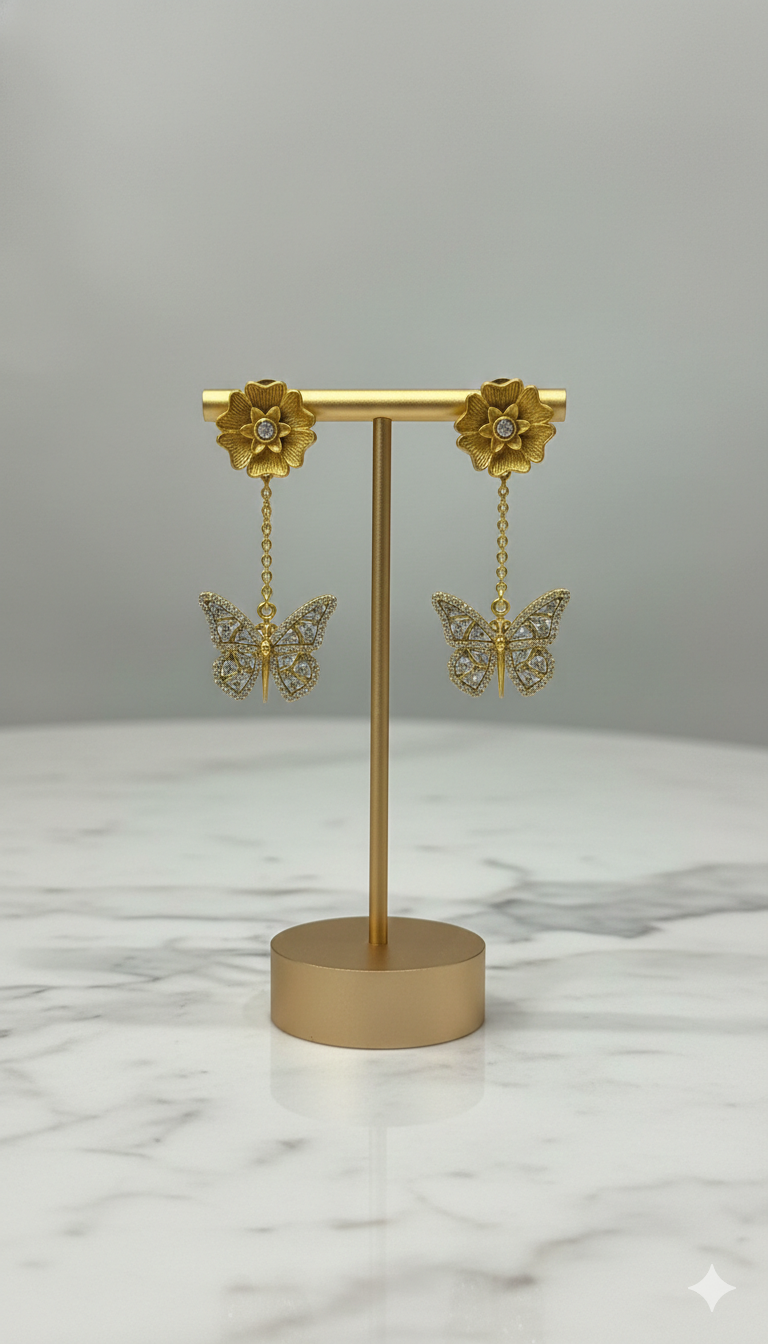 Golden Floral Butterfly Drop Earrings
