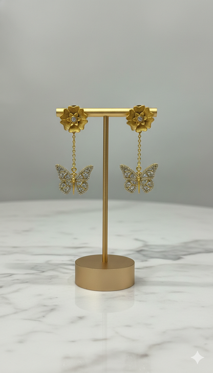 Golden Floral Butterfly Drop Earrings