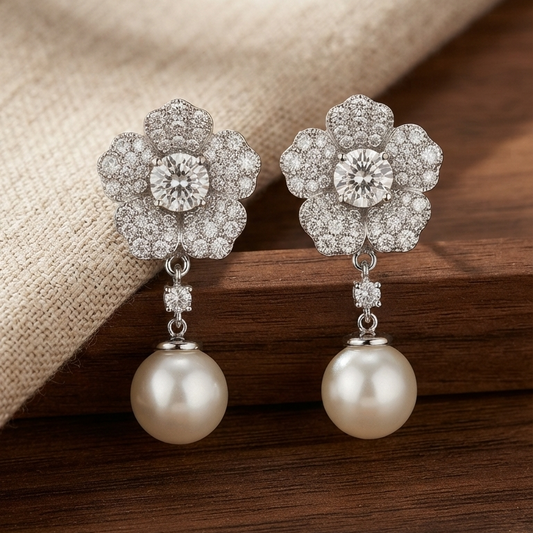 Floral Crystal Pearl Drop Earrings