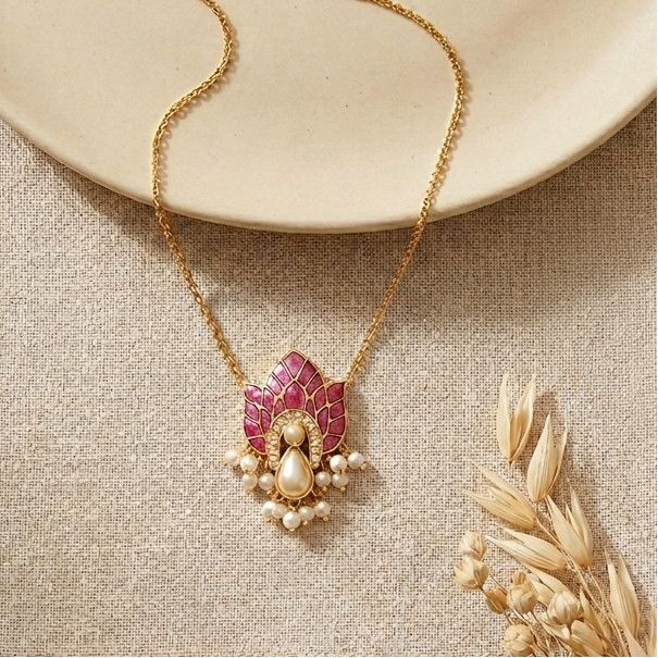 Peacock Deep Pink Enamel Pendant Necklace