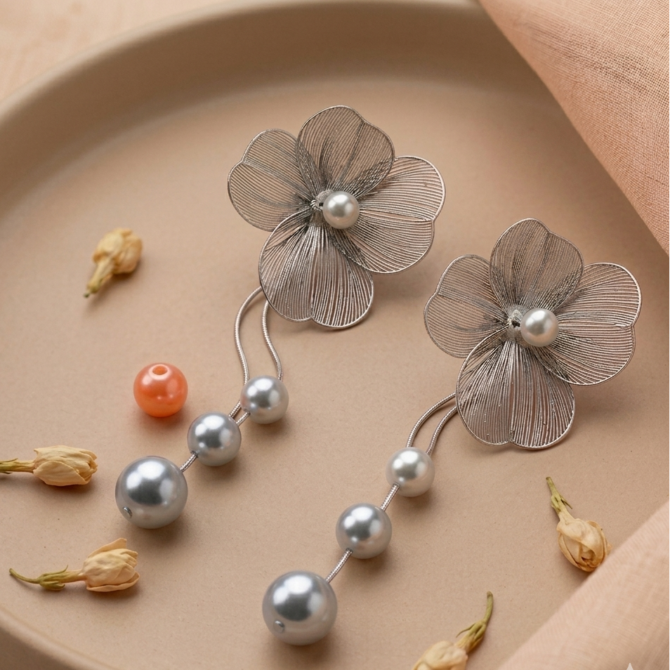 Silver Toned Flower Earrings With Pearl Tassels