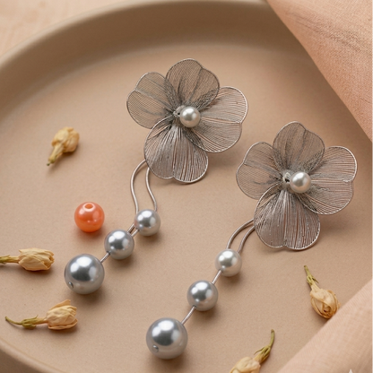 Silver Toned Flower Earrings With Pearl Tassels