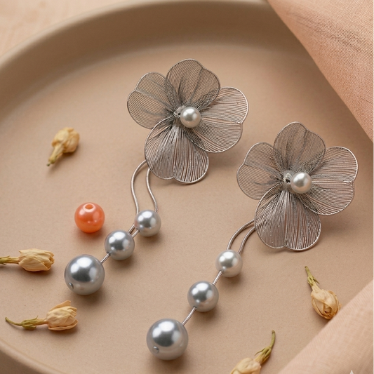 Silver Toned Flower Earrings With Pearl Tassels