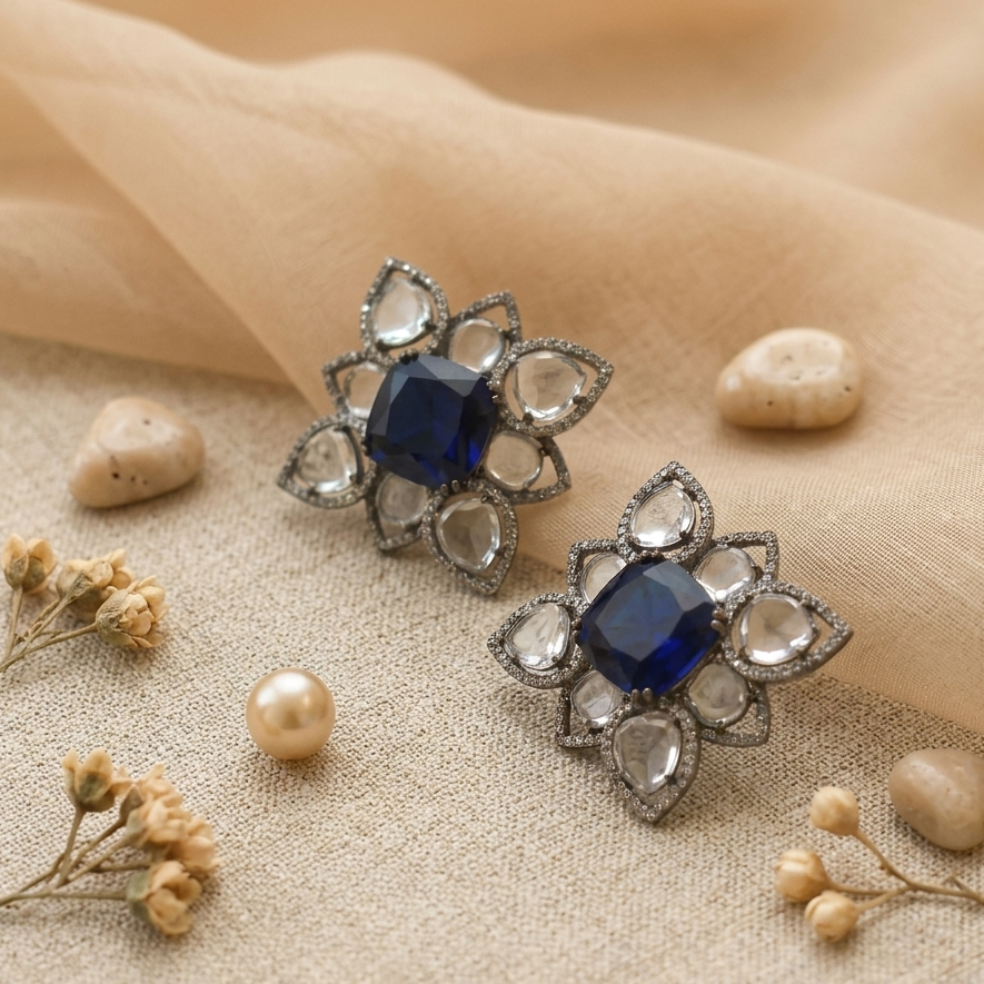 Blue Toned Open Polki Earrings