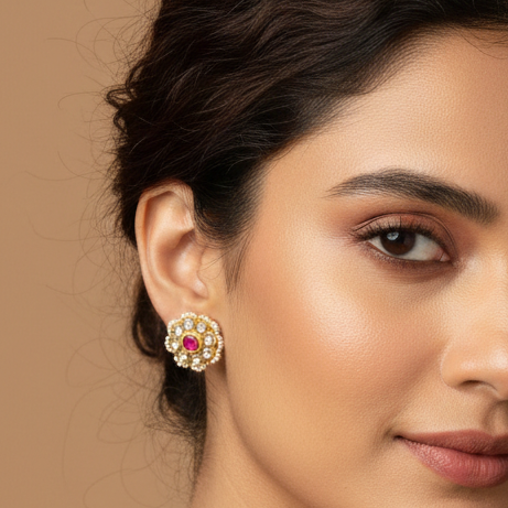 Royal Ruby Pearl-Studded Floral Stud Earrings