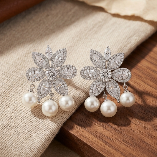 Floral Crystal Pearl Drop Earrings
