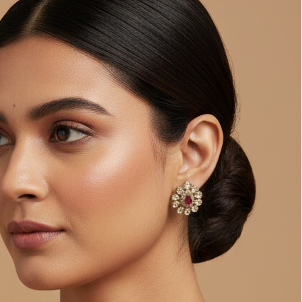 Vintage Ruby-Centered Floral Crystal Stud Earrings
