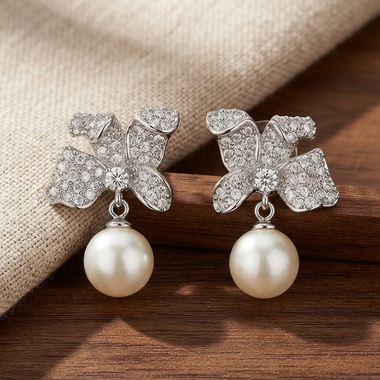 Crystal Bow Pearl Drop Earrings