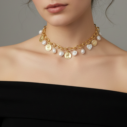 Golden Empress Coin Pearl Necklace