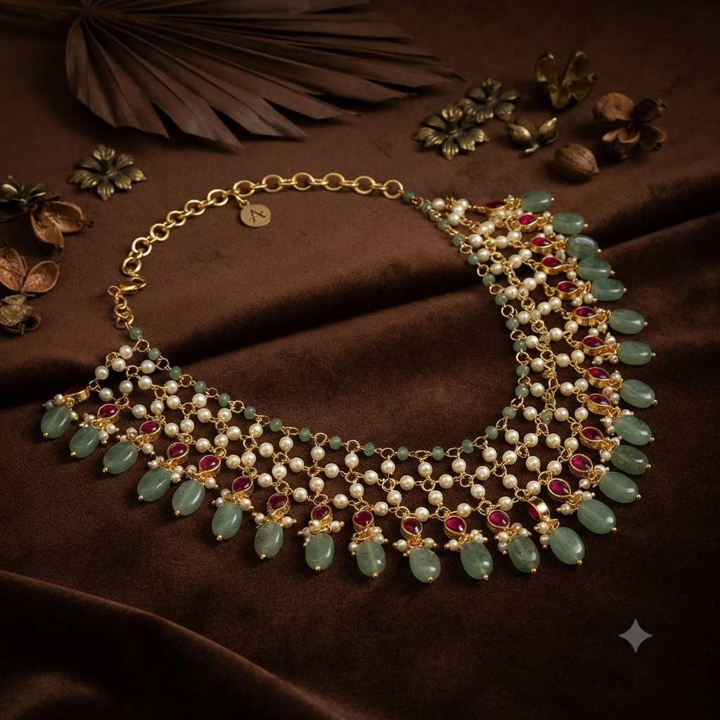 Nitasha Pearl and Green Drop Necklace Set