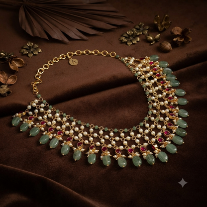 Nitasha Pearl and Green Drop Necklace Set