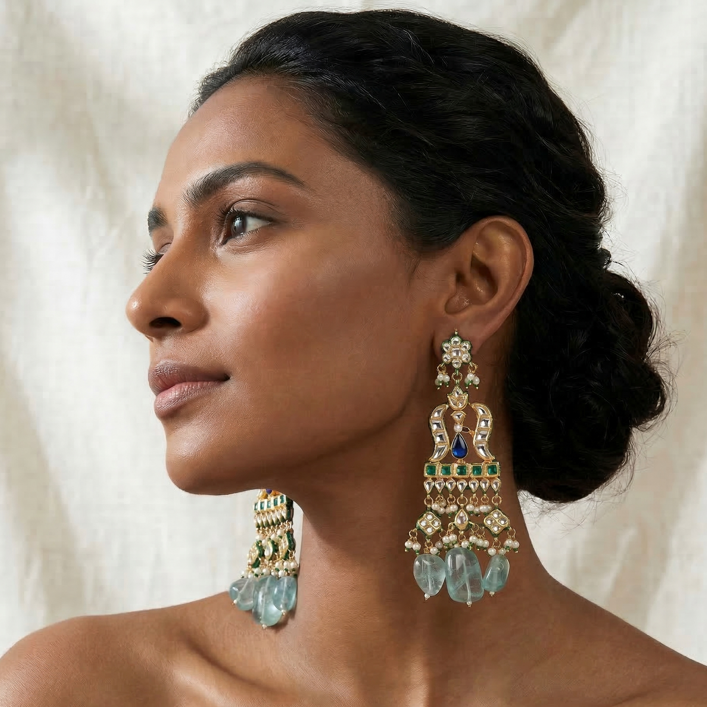 Flourite drop Kundan Earrings