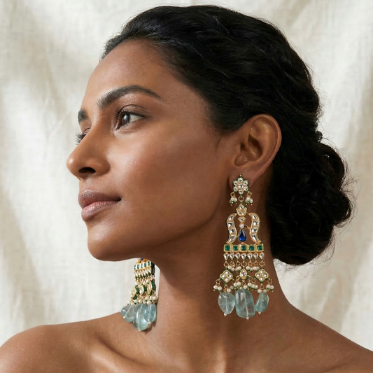 Flourite drop Kundan Earrings