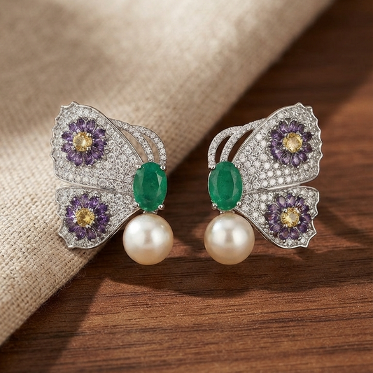 Emerald Floral Butterfly Pearl Drop Earrings