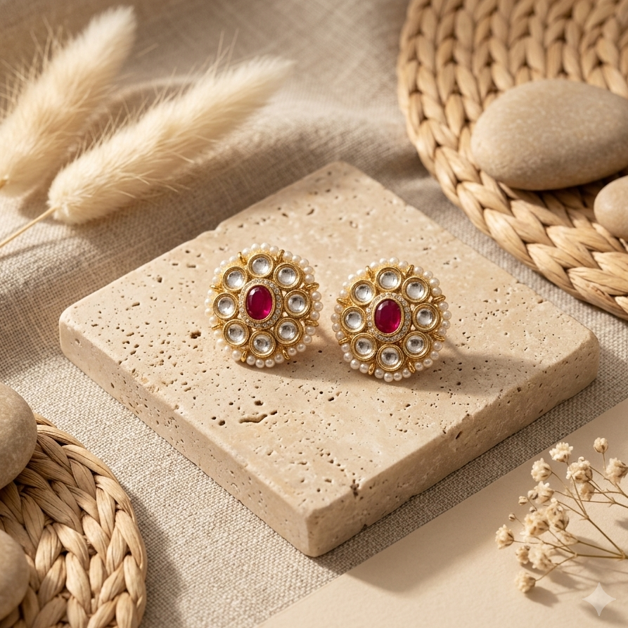 Royal Ruby Pearl-Studded Floral Stud Earrings